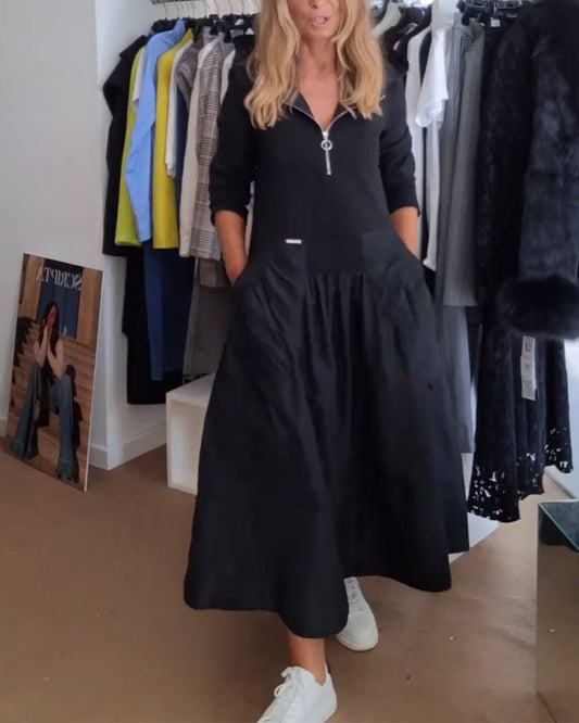 Lässiges Kapuzenkleid mit Reißverschluss und Patchwork-Taschen
