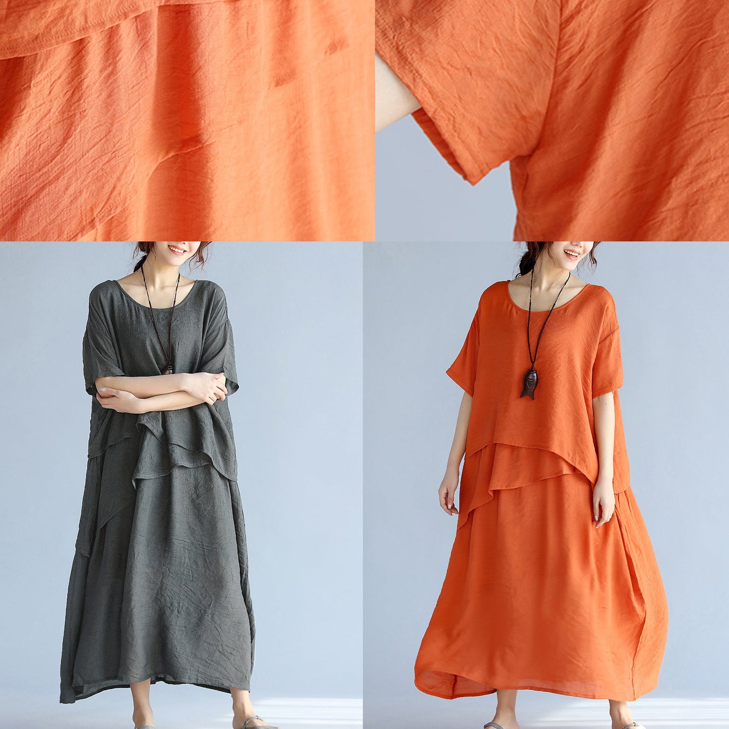 weite graue lange Leinenkleider oversized geschichteter Baumwoll-Maxikleid vintage kurzärmlige Baumwollkleidung