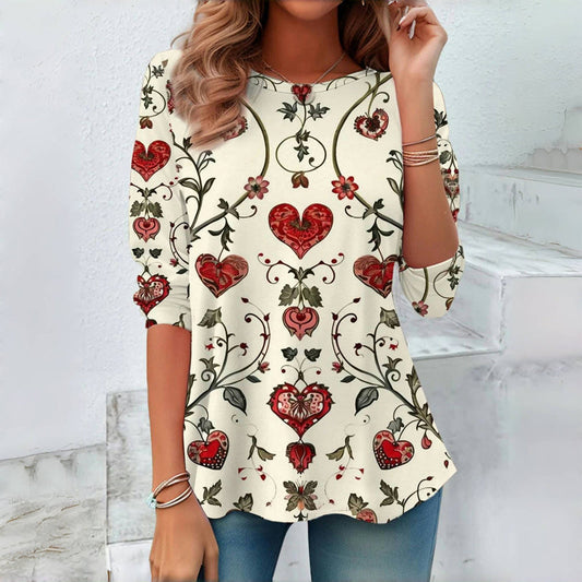 【Langarm】Vintage Herz Druck T-Shirt