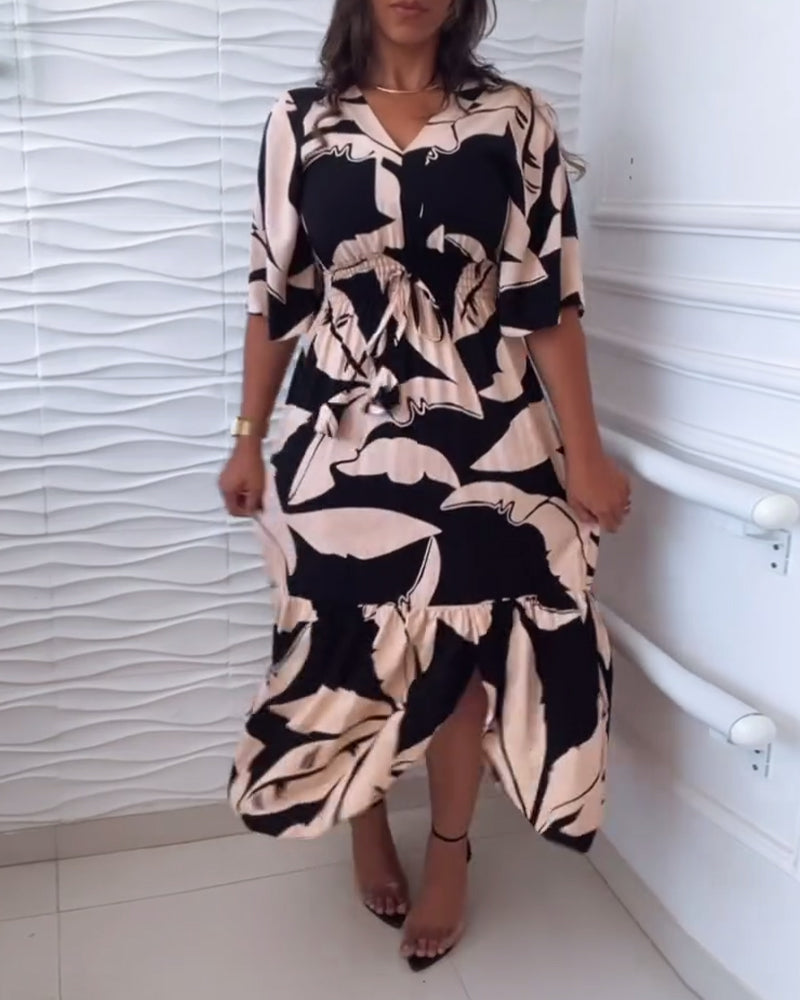 Elegantes V-Ausschnitt Kleid mit Dreiviertelärmeln und Kordelzug