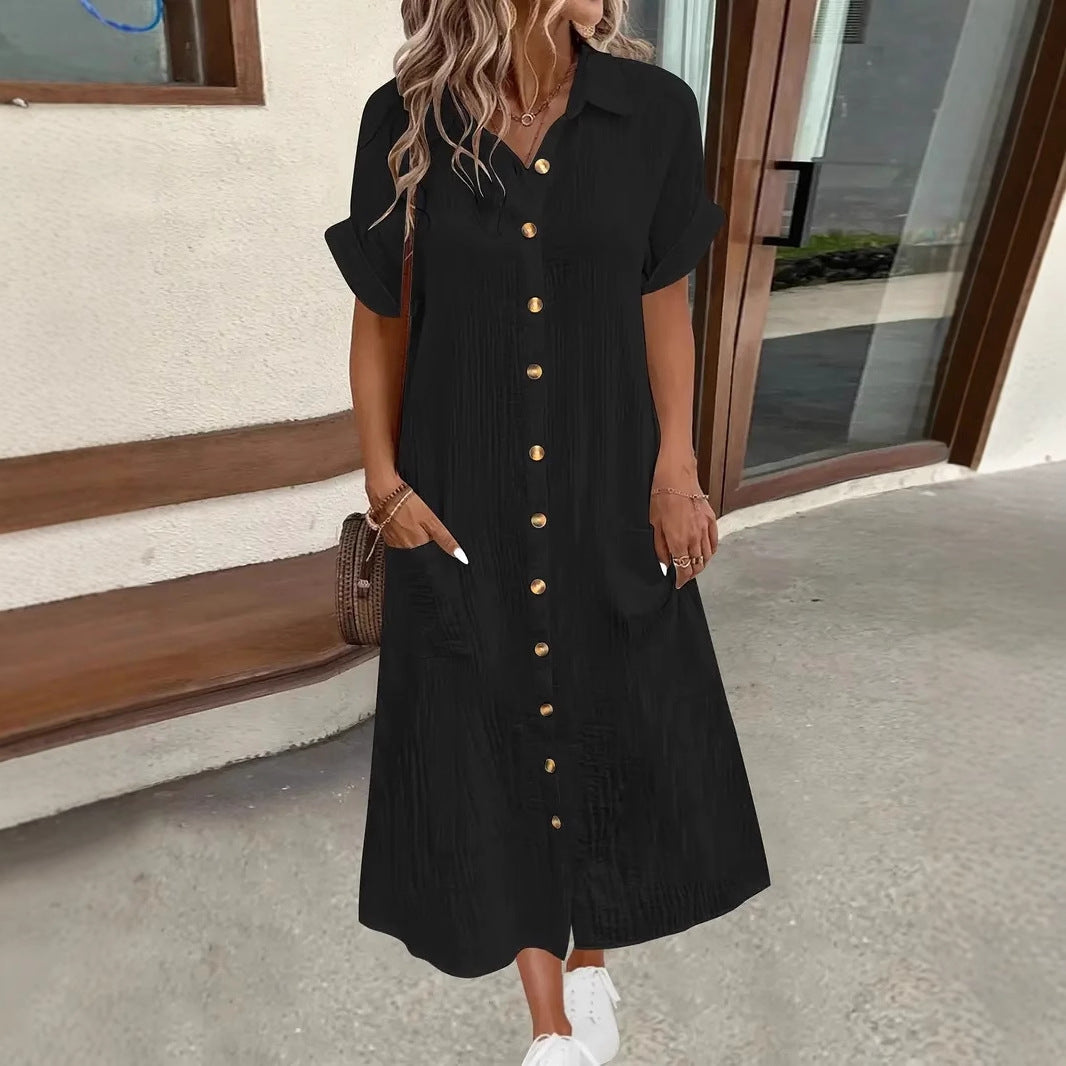 Damen Maxi Leinen Knopfhemd Kleid mit Taschen