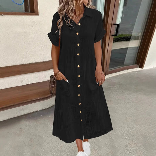 Damen Maxi Leinen Knopfhemd Kleid mit Taschen