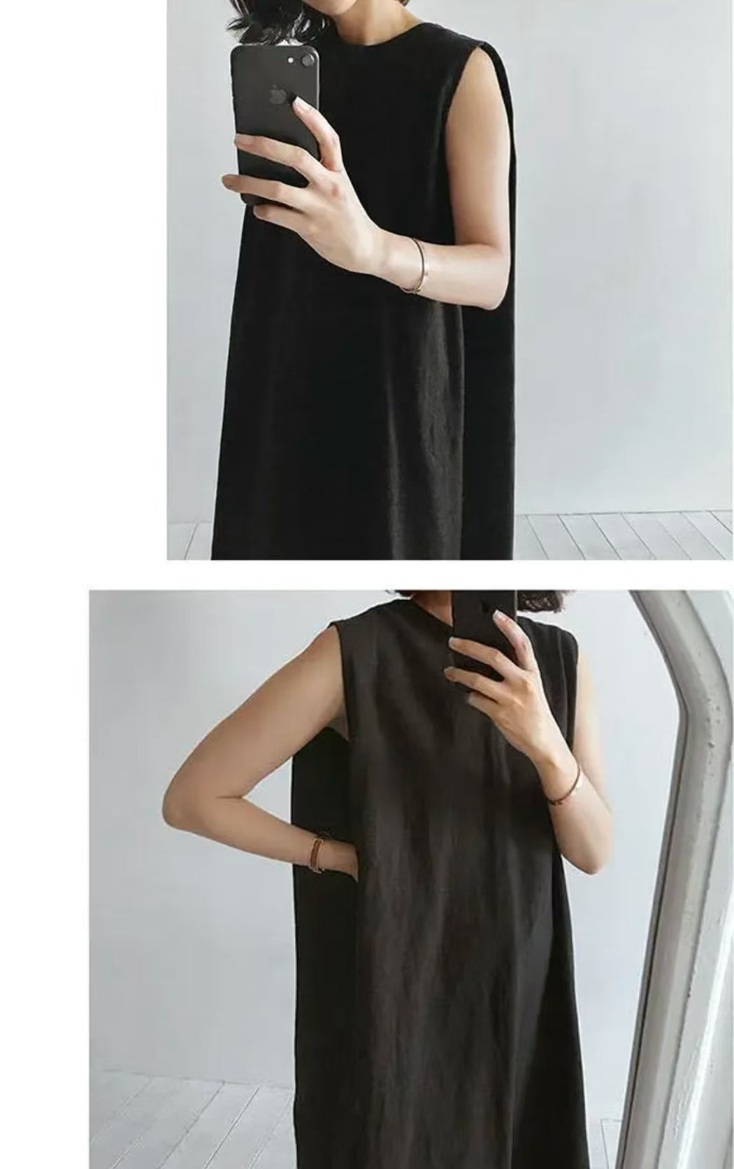 Bohemian O-Hals Seitlich Offenes Leinen Baumwollkleid Khaki