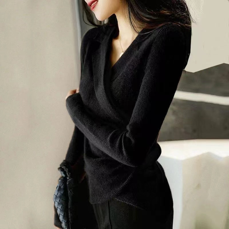 Schicker Karamell Peter Pan Kragen asymmetrisches Design Slim Fit Herbstpullover