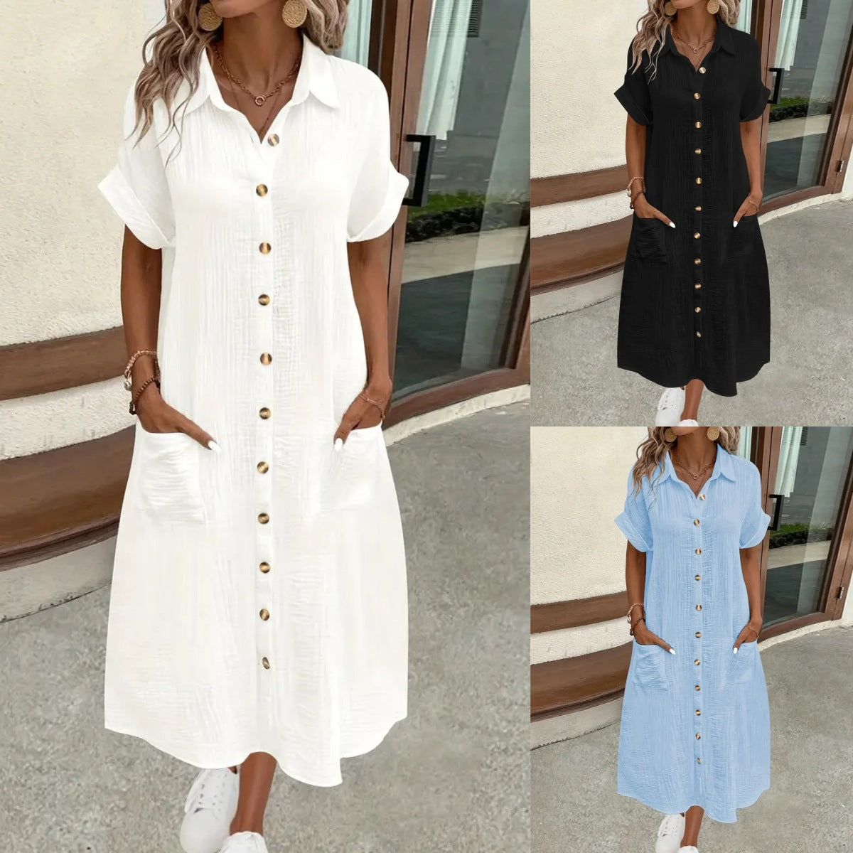 Damen Maxi Leinen Knopfhemd Kleid mit Taschen