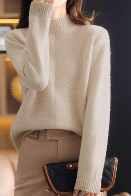 Halb-Hochkragen Diagonal Geripptes Stricktop