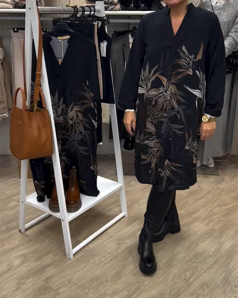 Kleid mit V-Ausschnitt, bedruckt mit Blättern, lange Ärmel