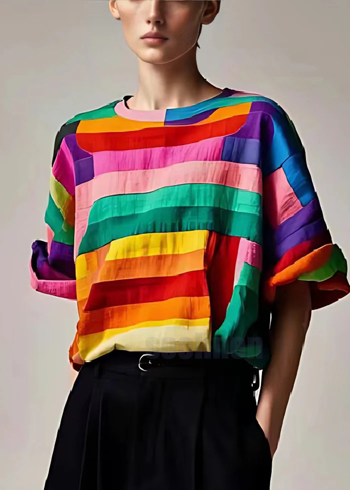 Fitted Multicolour Striped Patchwork Baumwolltank Sommer