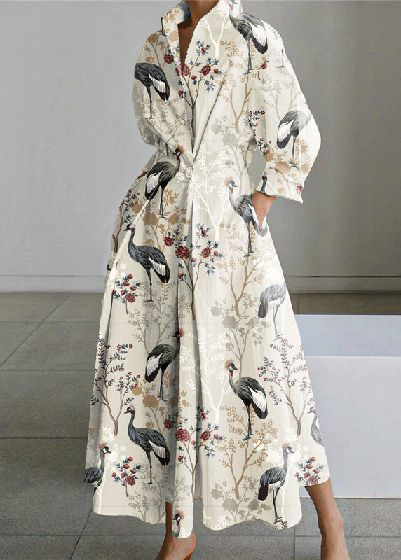 2025 Beiger Peter Pan Kragen Taschen Baumwollkleid Langarm