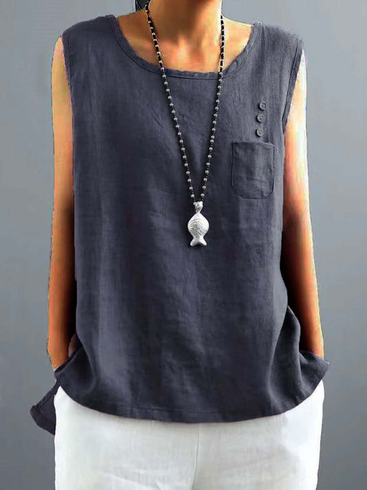 Damen Vintage Baumwolle Leinen Unifarben Lockere T-Shirt