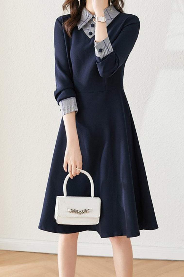 Gemischtes Material Hemdkragen Karo Kontrast Glockenkleid