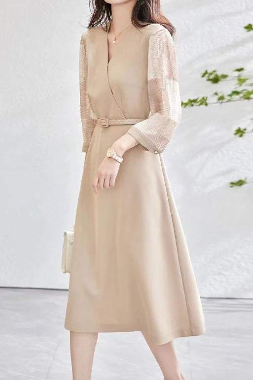 Gemischtes Material Durchsichtiger Karomuster Kontrast Crossover Gürtel Langkleid - 2 Farben Verfügbar