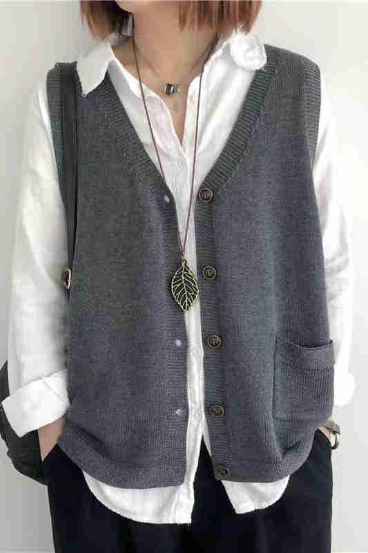 Künstlerische Retro Lockere V-Ausschnitt Strickweste