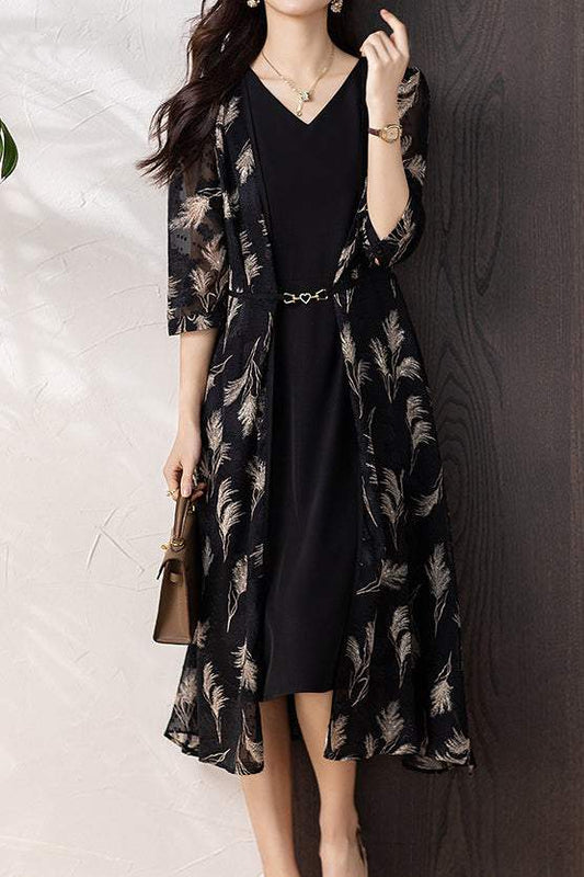 Schicht-Look Blattmotiv Jacquard Kleid