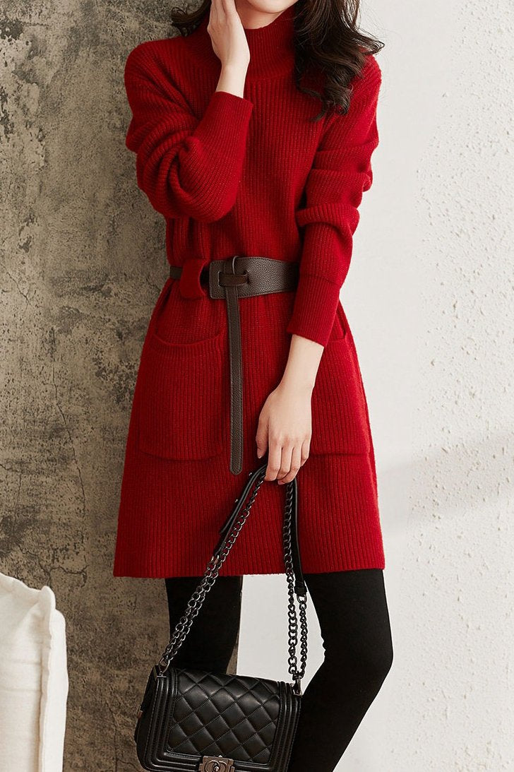 Hochgeschlossenes Gürtel Strickkleid - 3 Farben erhältlich