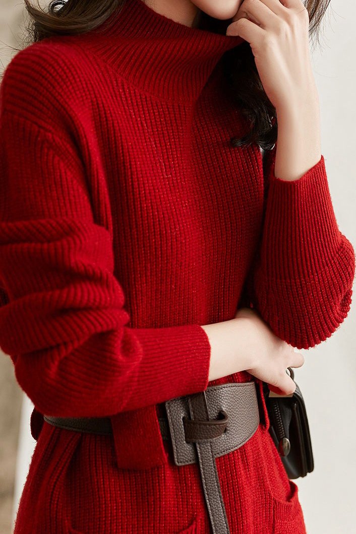 Hochgeschlossenes Gürtel Strickkleid - 3 Farben erhältlich