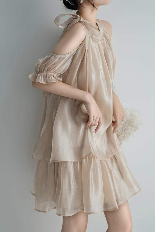 [Restock] Bandkragen Schulterfreies Stufenkleid mit Futter