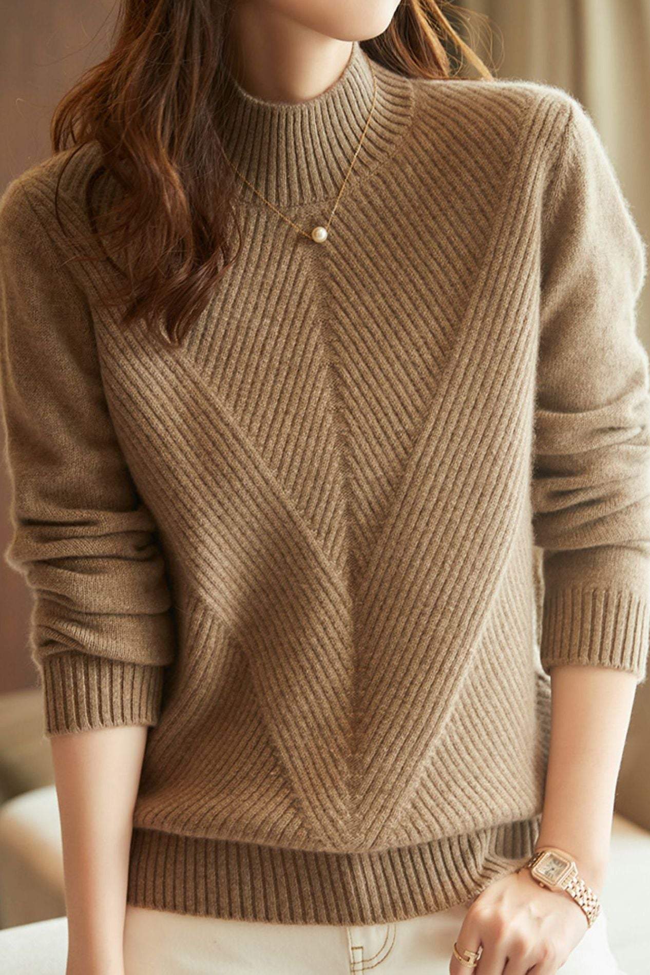 Halb-Hochkragen Diagonal Geripptes Stricktop