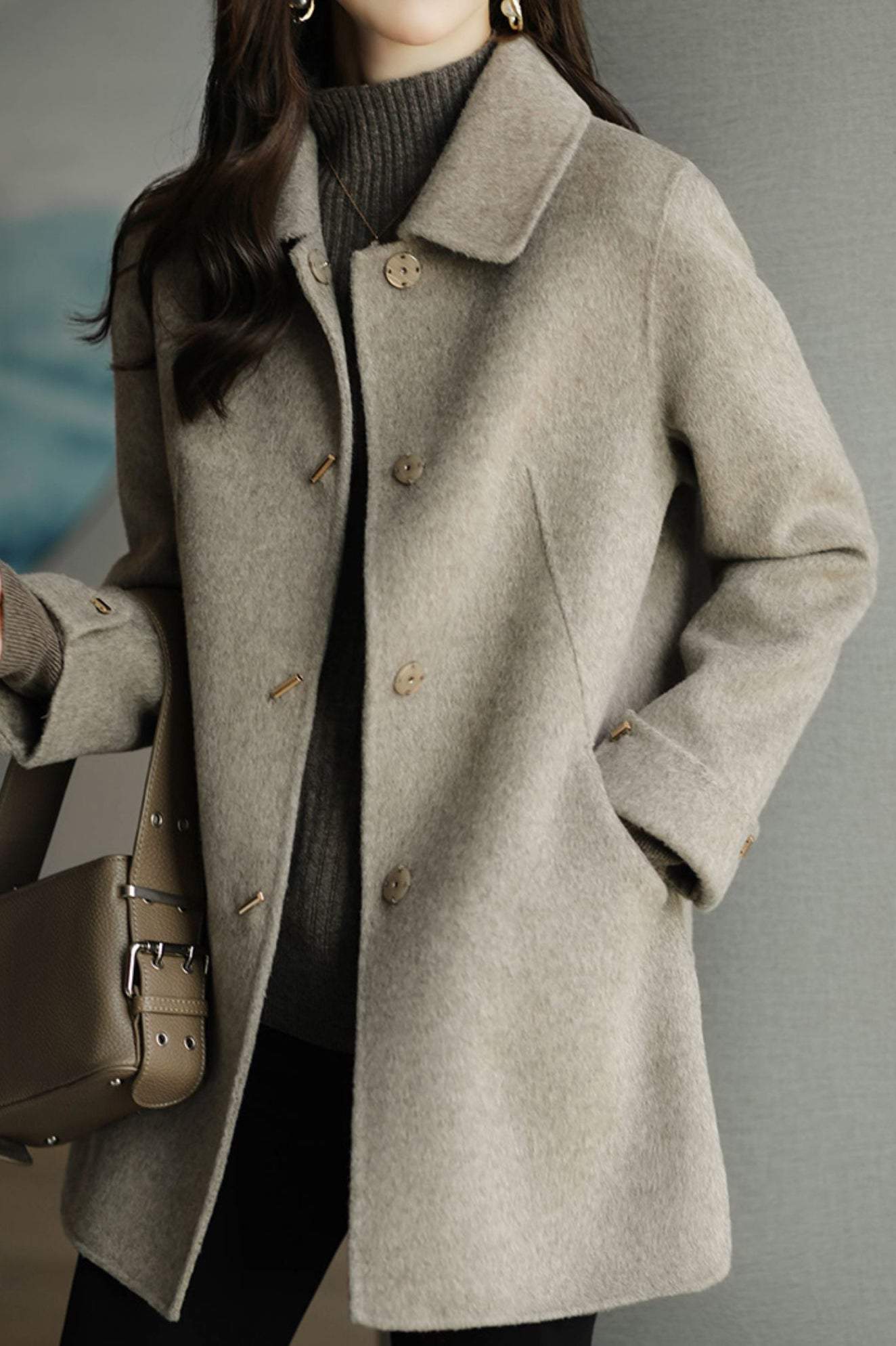 Stehkragen Melton Mantel mit umgeschlagenen Ärmeln und Futter