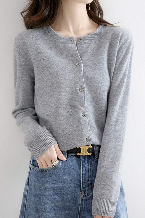 Rundhals Wollstrick-Cardigan - 12 Farben erhältlich