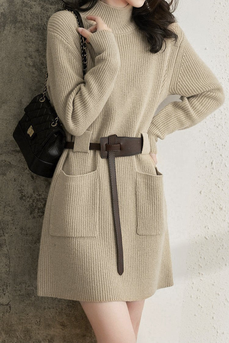 Hochgeschlossenes Gürtel Strickkleid - 3 Farben erhältlich