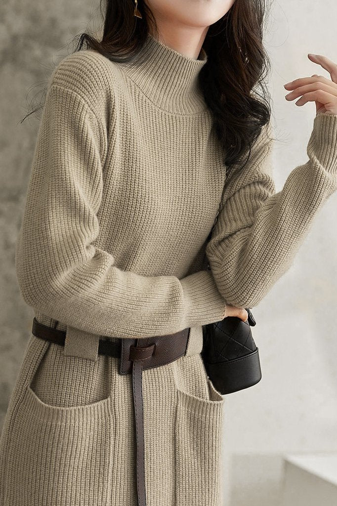 Hochgeschlossenes Gürtel Strickkleid - 3 Farben erhältlich