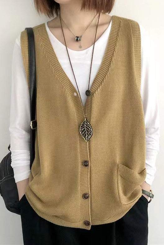 Künstlerische Retro Lockere V-Ausschnitt Strickweste