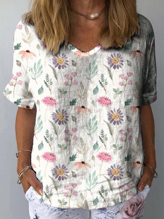 Damen Vintage Floral Kunstdruck Freizeit Baumwolle und Leinen Shirt