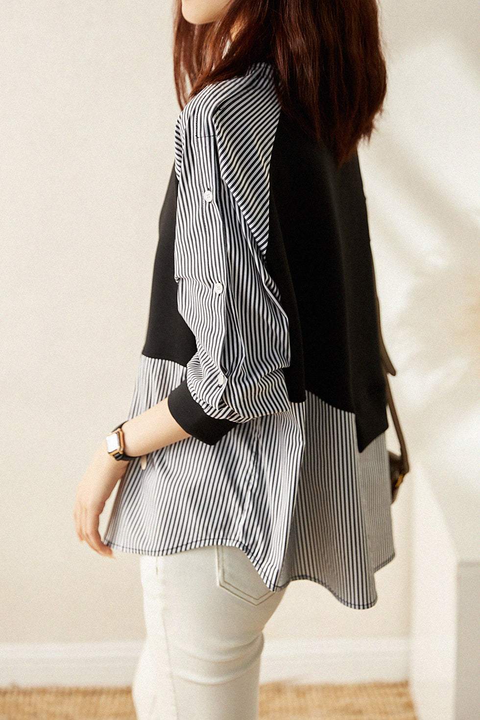 Asymmetrisches Streifen-Kontrast Langarm-Sweatshirt