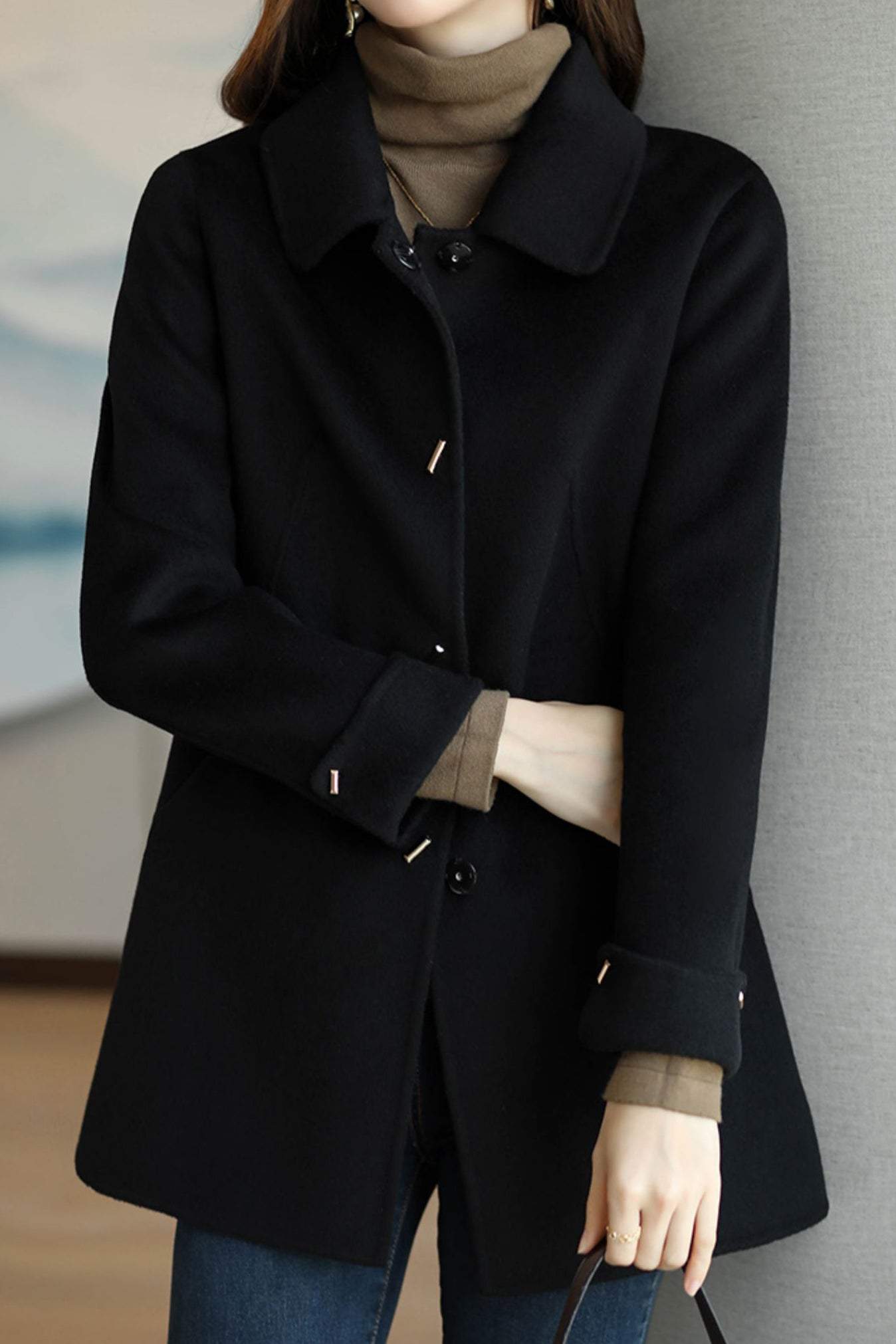 Stehkragen Melton Mantel mit umgeschlagenen Ärmeln und Futter