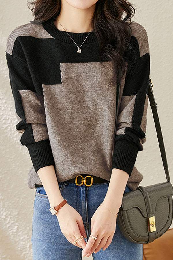 Lässiger bequemer zweifarbiger Rundhals-Strickpullover