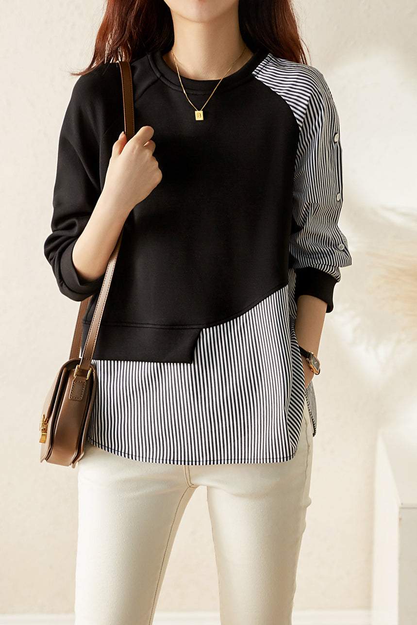 Asymmetrisches Streifen-Kontrast Langarm-Sweatshirt