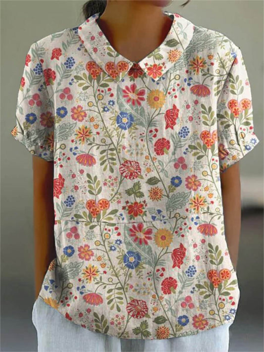 Damen Pastoral Floral Kunstdruck Casual Baumwolle und Leinen Hemd