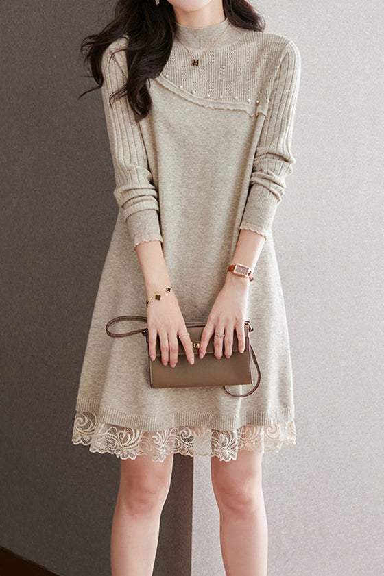 Perlenverzierte Fluss-Spitzen-Kontrast-Strickkleid - 3 Farben erhältlich