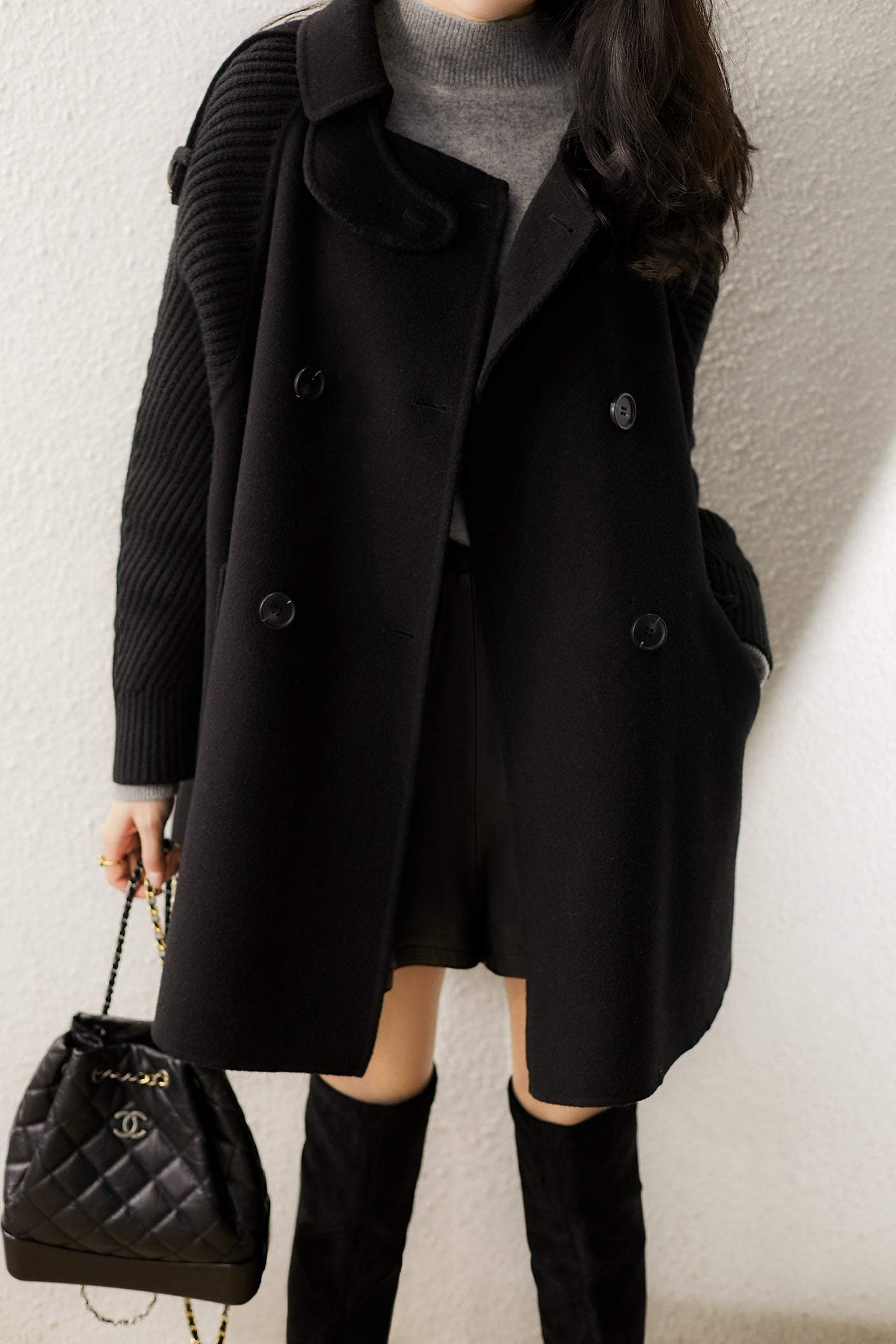 Stehkragen Epaulette Dekor Strick Kontrast Melton Mantel