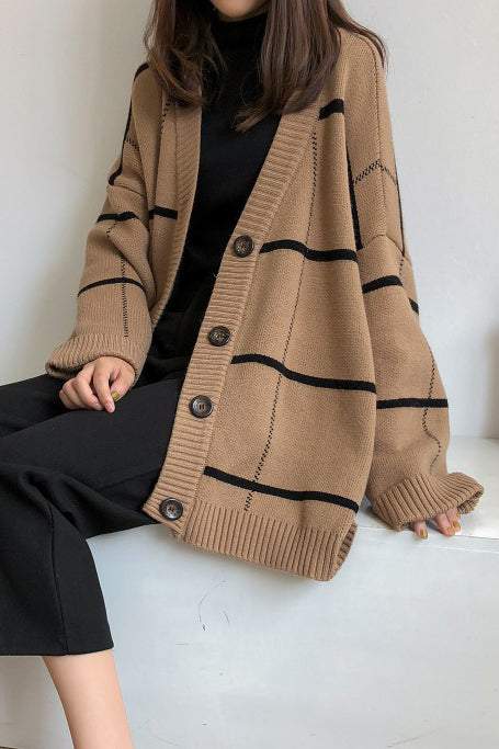 Vintage Karierter Übergroßer Strickcardigan