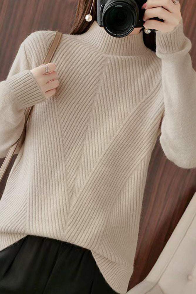 Halb-Hochkragen Diagonal Geripptes Stricktop