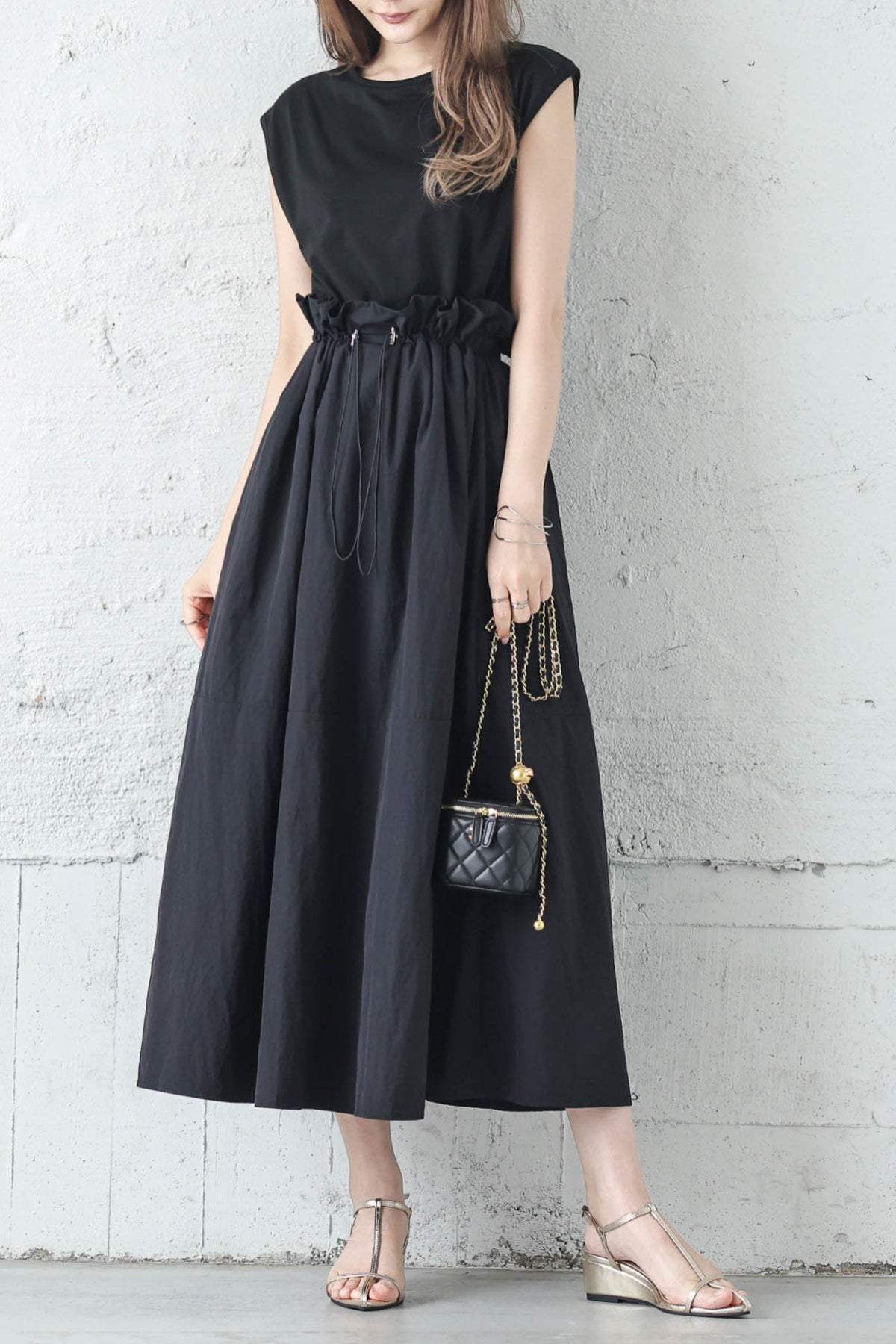 Rundhals-Drawstring-Docking-Maxikleid mit Futter