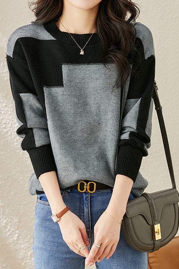 Lässiger bequemer zweifarbiger Rundhals-Strickpullover