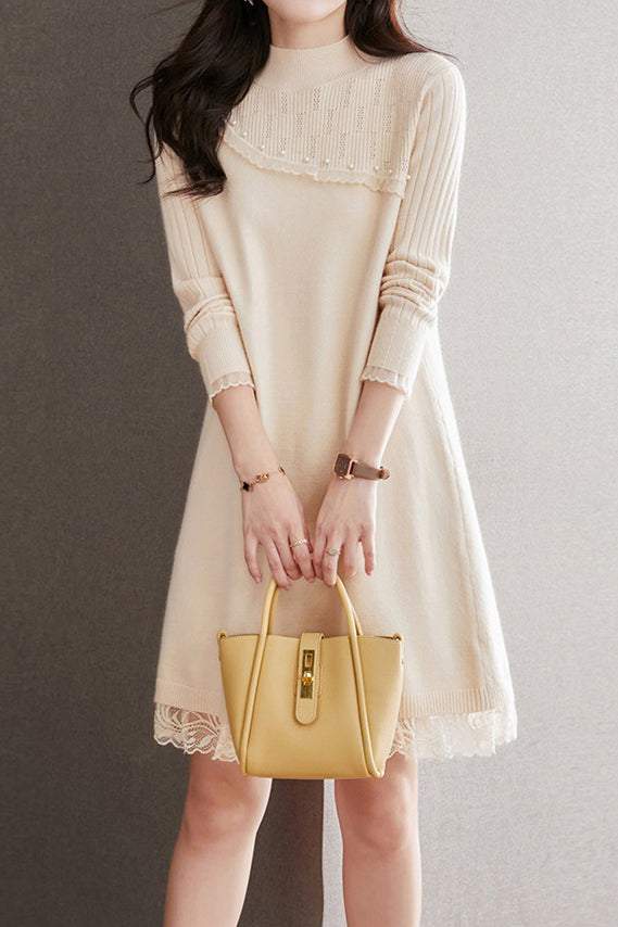 Perlenverzierte Fluss-Spitzen-Kontrast-Strickkleid - 3 Farben erhältlich