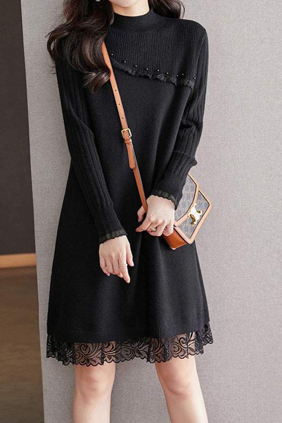 Perlenverzierte Fluss-Spitzen-Kontrast-Strickkleid - 3 Farben erhältlich