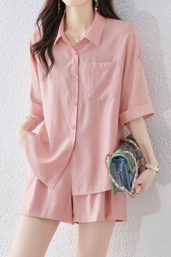 Knopfleiste Kurzarmhemd mit Taillenschnürung und plissierten Shorts Set