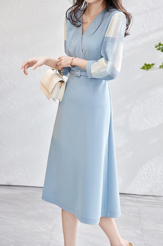 Gemischtes Material Durchsichtiger Karomuster Kontrast Crossover Gürtel Langkleid - 2 Farben Verfügbar