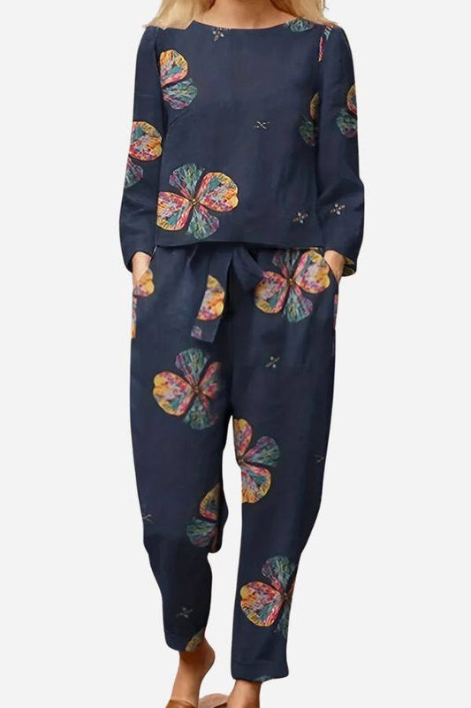 Retro-Muster Leinen Zweiteiliges Set