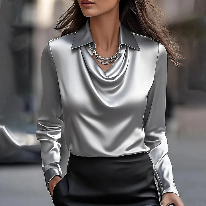 Milan Chic Seidige Satin Drapierte Bluse
