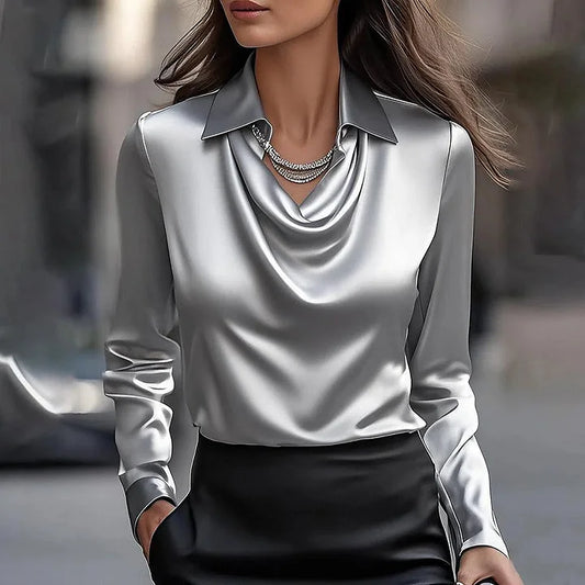 Milan Chic Seidige Satin Drapierte Bluse