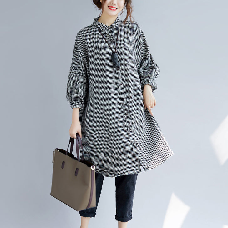 stylisches schwarzes Karo gemütliches Baumwoll-T-Shirt Oversize mit umschlagbarem Kragen Baumwollblusen feine Langarmoberteile