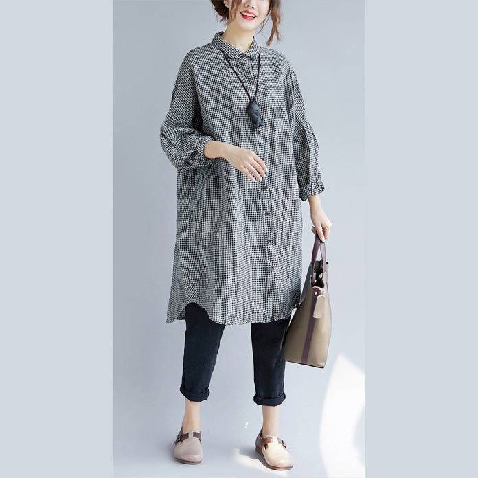 stylisches schwarzes Karo gemütliches Baumwoll-T-Shirt Oversize mit umschlagbarem Kragen Baumwollblusen feine Langarmoberteile