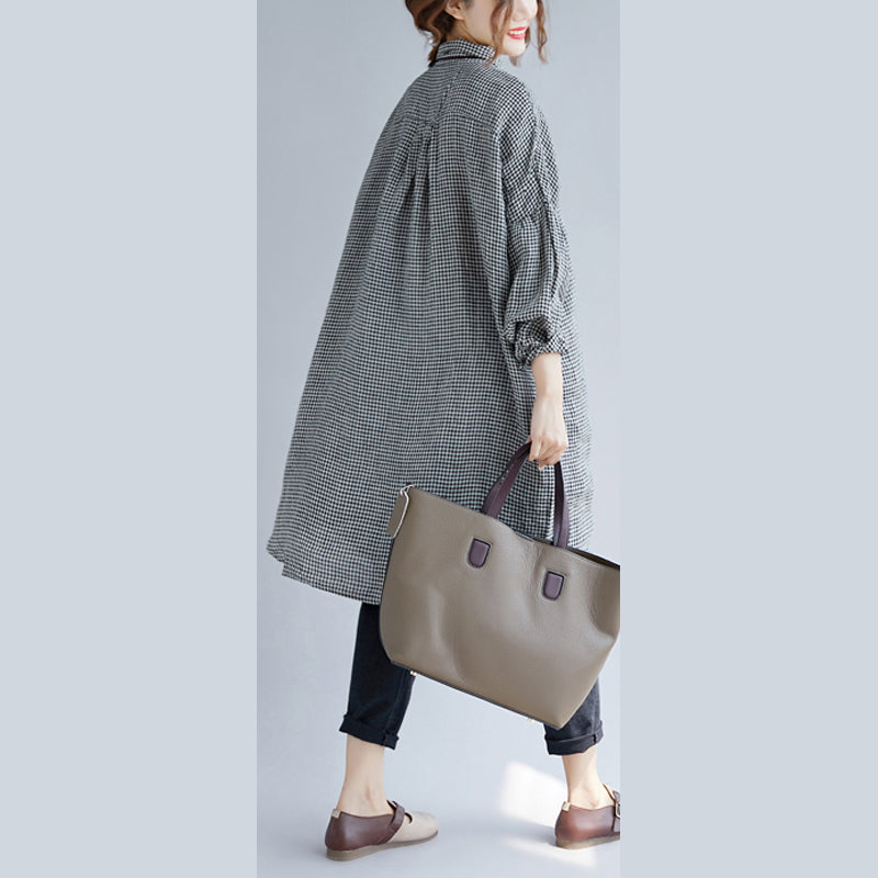 stylisches schwarzes Karo gemütliches Baumwoll-T-Shirt Oversize mit umschlagbarem Kragen Baumwollblusen feine Langarmoberteile