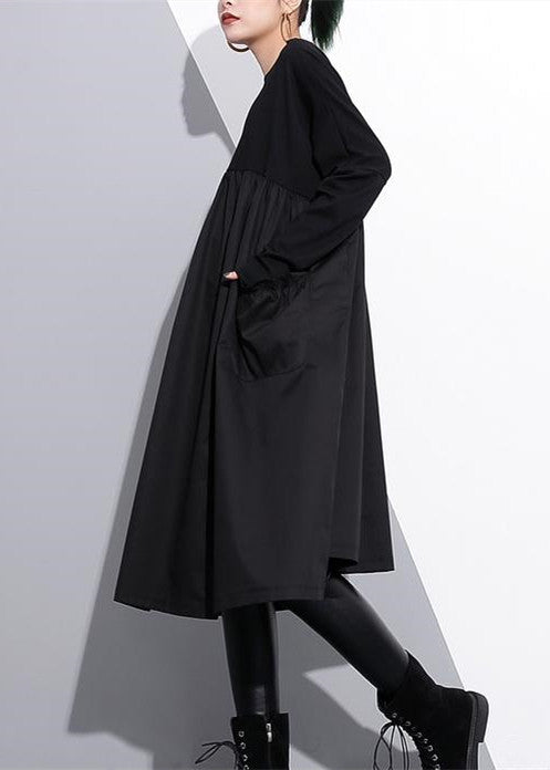 stilvolles schwarzes Baumwollkleid in Übergröße, elegantes Kleid aus Baumwolle mit hohem Taillenschnitt, Patchwork-Baumwollkleid